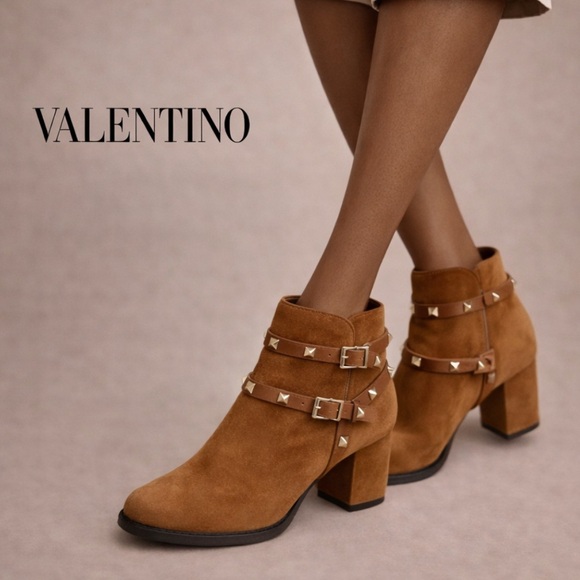 Valentino Garavani Suede Ankle Boots Rockstud Block Heel Brown Sz EU 38